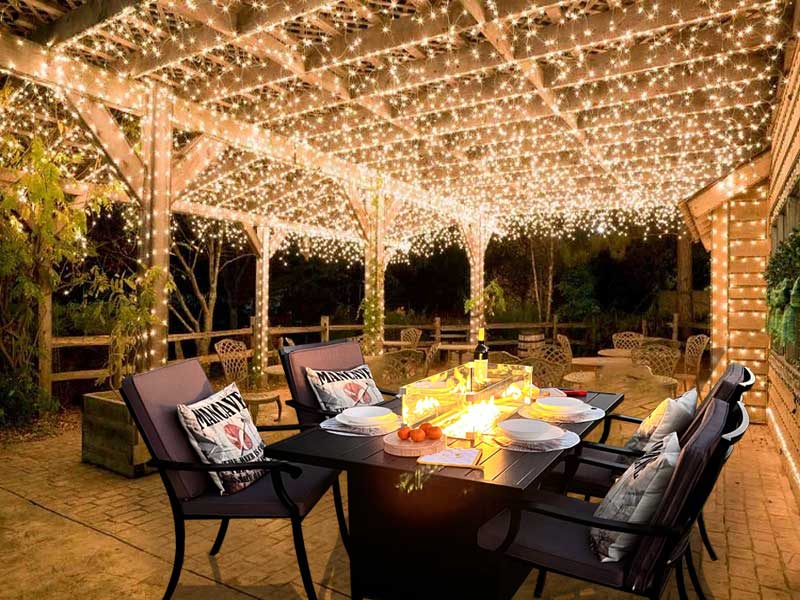 Backyard table online with fire pit